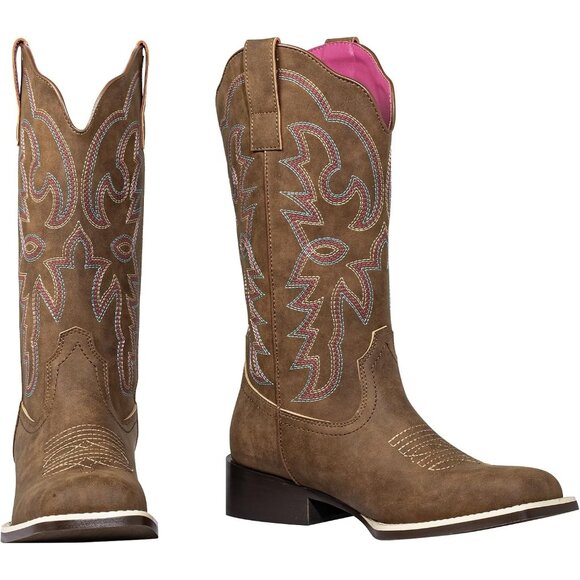 SheSole Western Boots Women's Tan Faux Leather Fashion Square Toe Wide Mid Calf - Picture 8 of 9